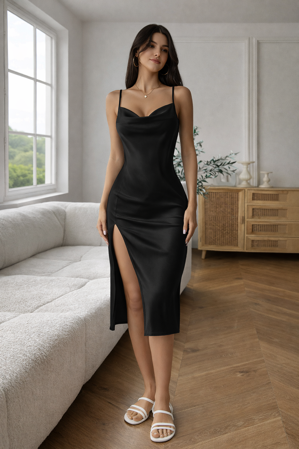 Robe midi satinée rouge sexy à fines bretelles