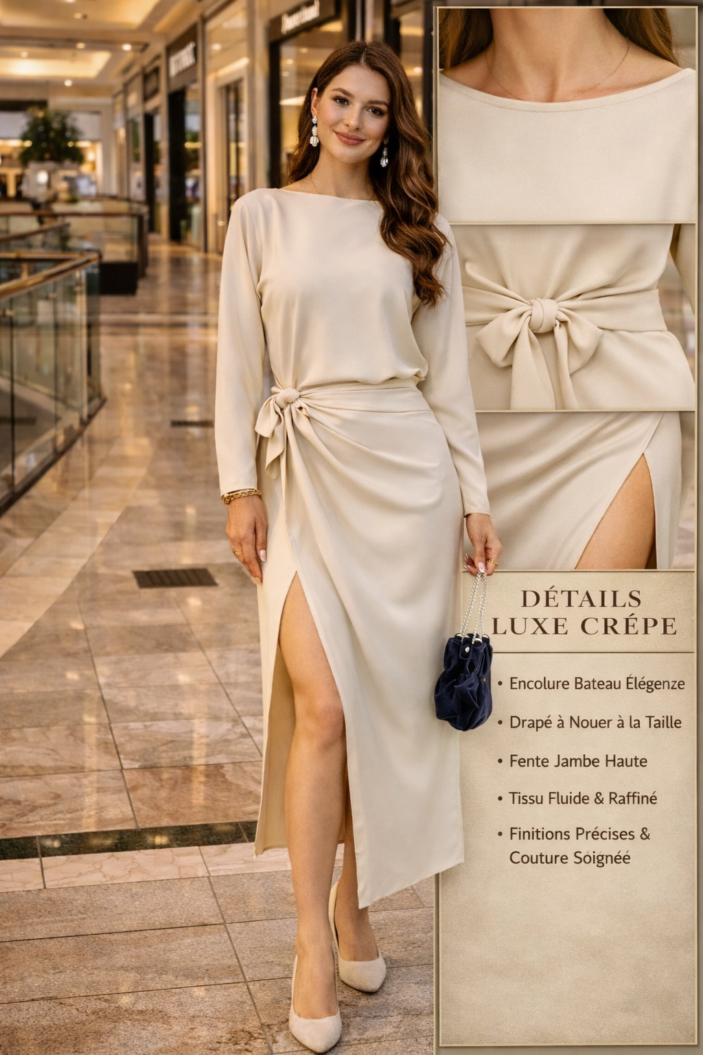 Robe Beige Drapée à Fente