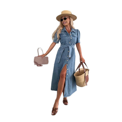 Women's Short-sleeve Denim Midi Skirt
