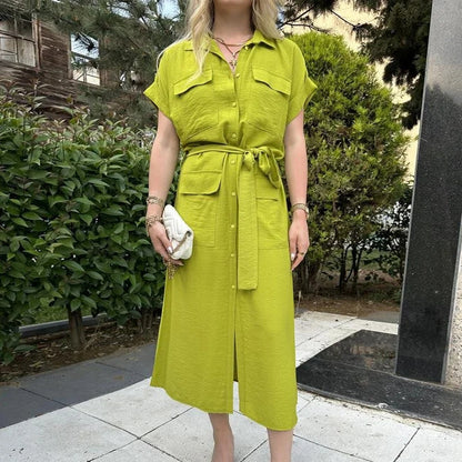 Robe chemise midi kaki à ceinture nouée