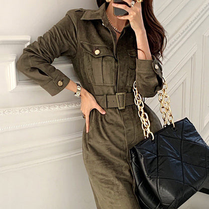 Long Tooling-style Jumpsuit With Lace-up Waist And Thin Pockets