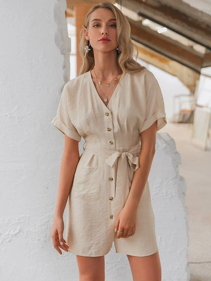 Robe courte boutonnée à ceinture nouée