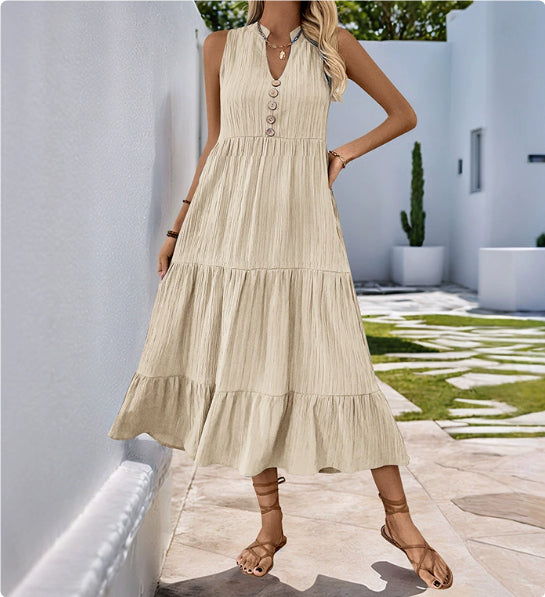 Pleated Solid Color Stand Collar Sleeveless Dress