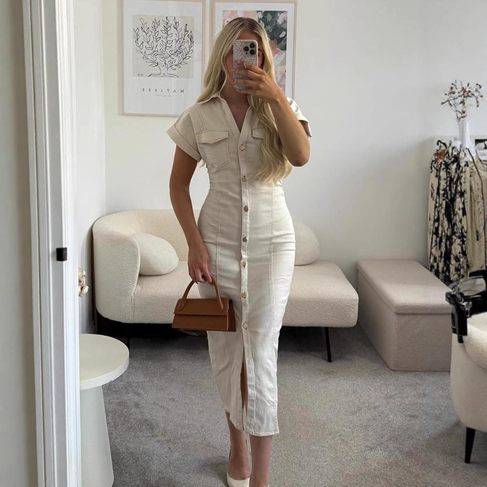 Robe longue écrue boutonnée à col chemise