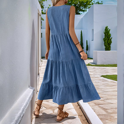 Pleated Solid Color Stand Collar Sleeveless Dress