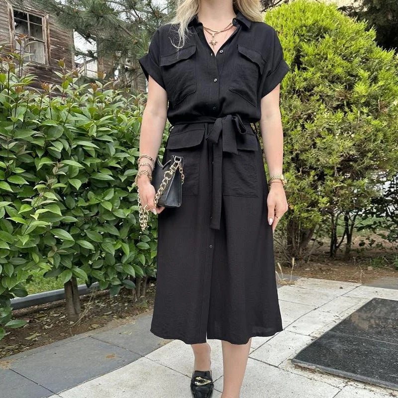 Robe chemise midi kaki à ceinture nouée