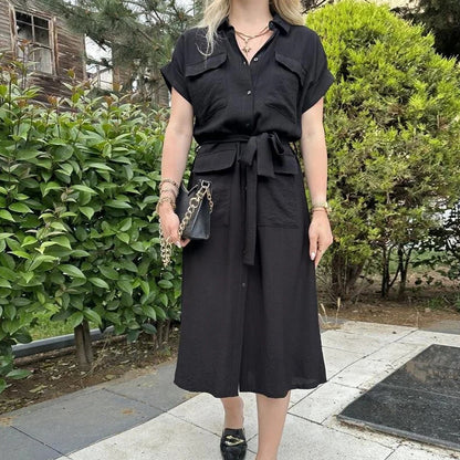 Robe chemise midi kaki à ceinture nouée