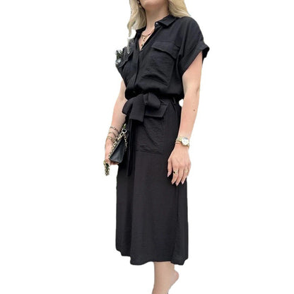Robe chemise midi kaki à ceinture nouée