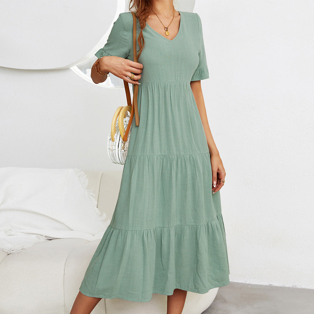 Robe longue jaune à col V et manches volantées