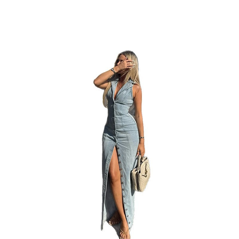 Robe longue écrue boutonnée à col chemise