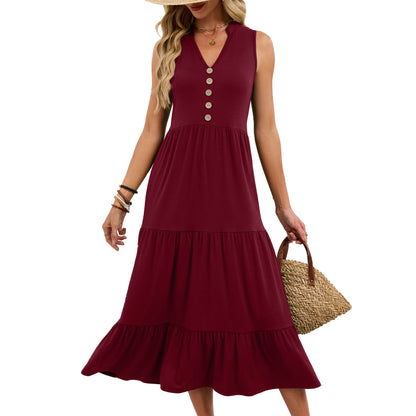 Spring Summer New Solid-Colored V-Neck Buttoned Sleeveless Long Pleated Dress