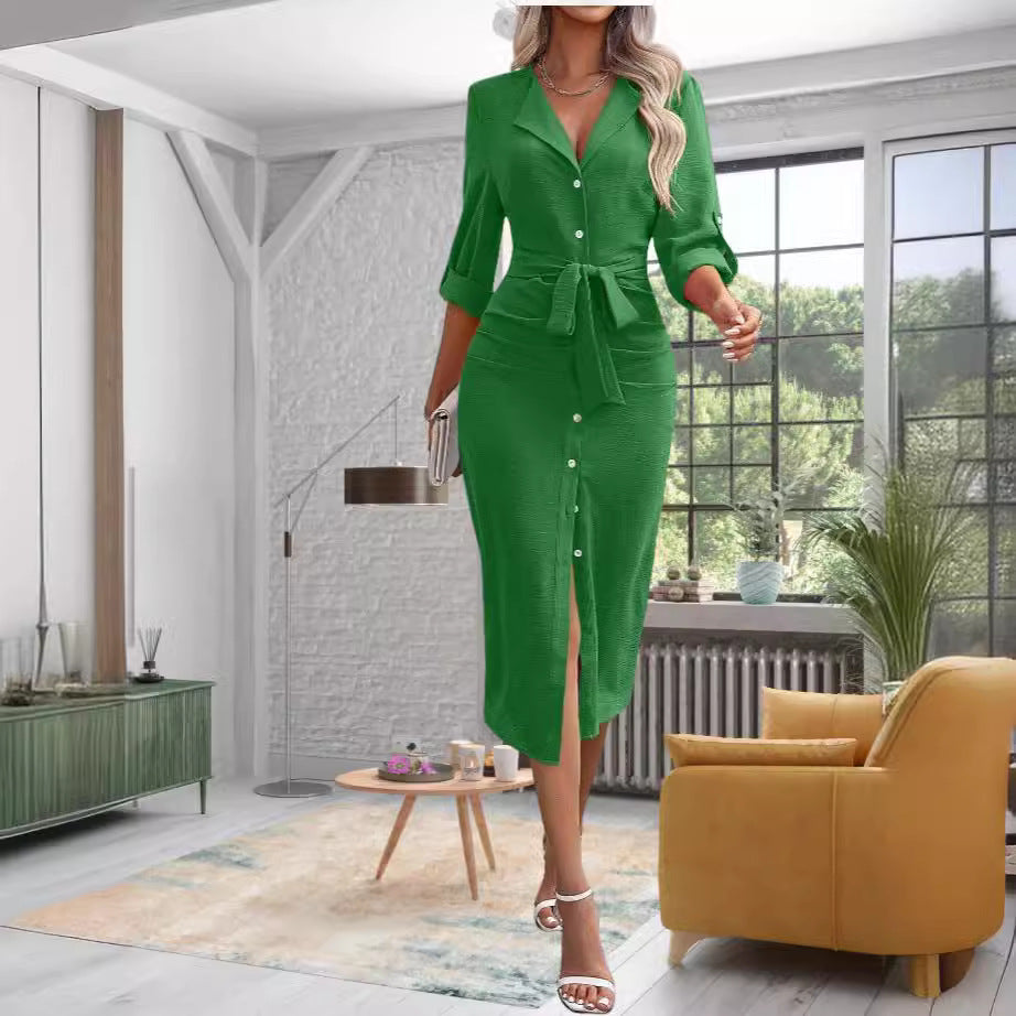 Robe midi rose poudré boutonnée à ceinture nouée