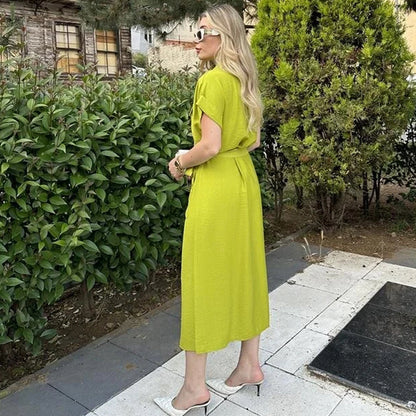 Robe chemise midi kaki à ceinture nouée