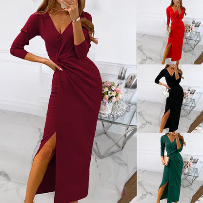 Robe longue drapée à col V