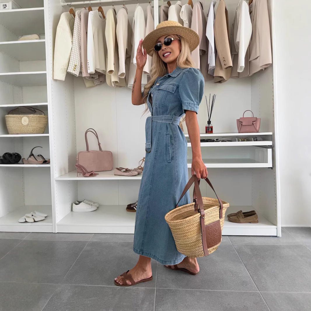 Women's Short-sleeve Denim Midi Skirt
