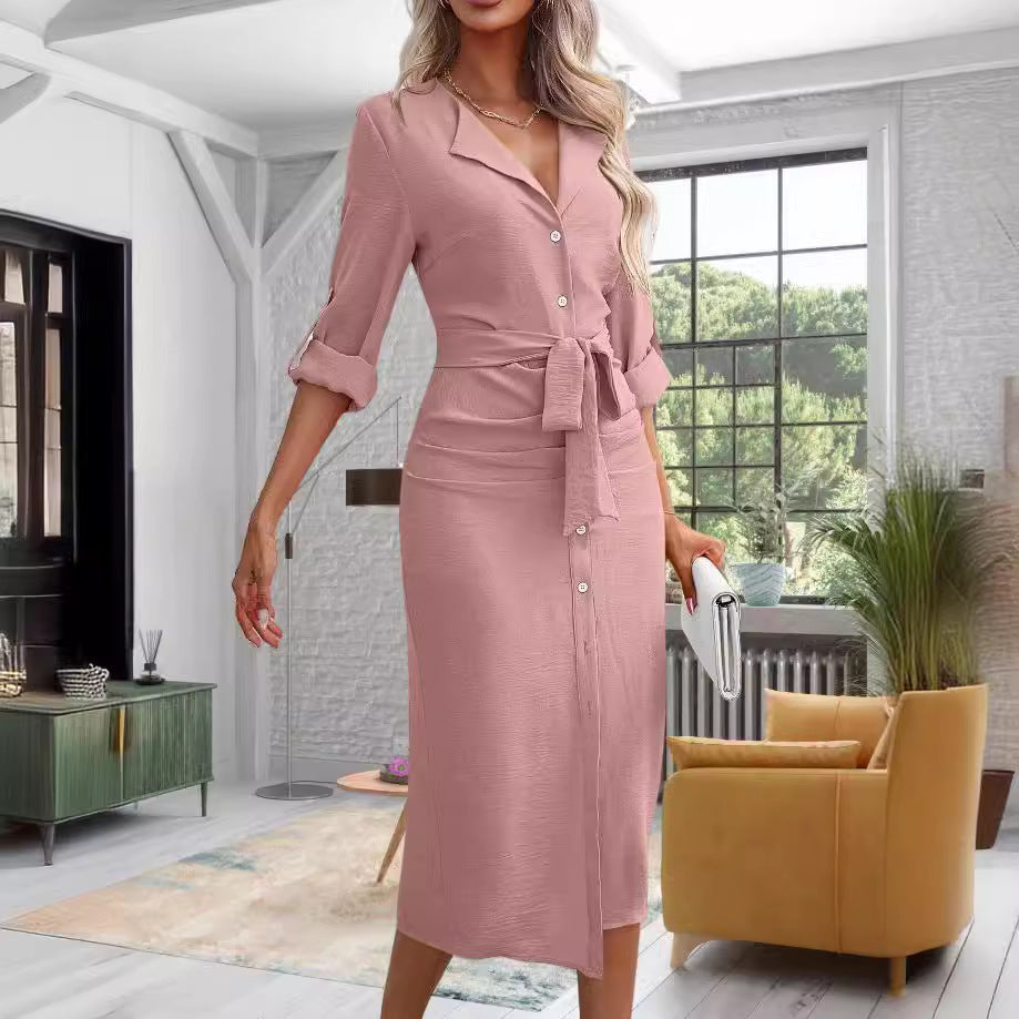 Robe midi rose poudré boutonnée à ceinture nouée