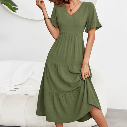 Robe longue jaune à col V et manches volantées