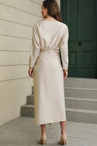 Robe Beige Drapée à Fente
