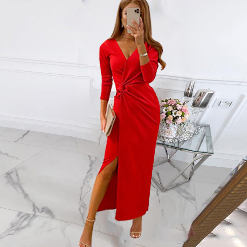 Robe longue drapée à col V