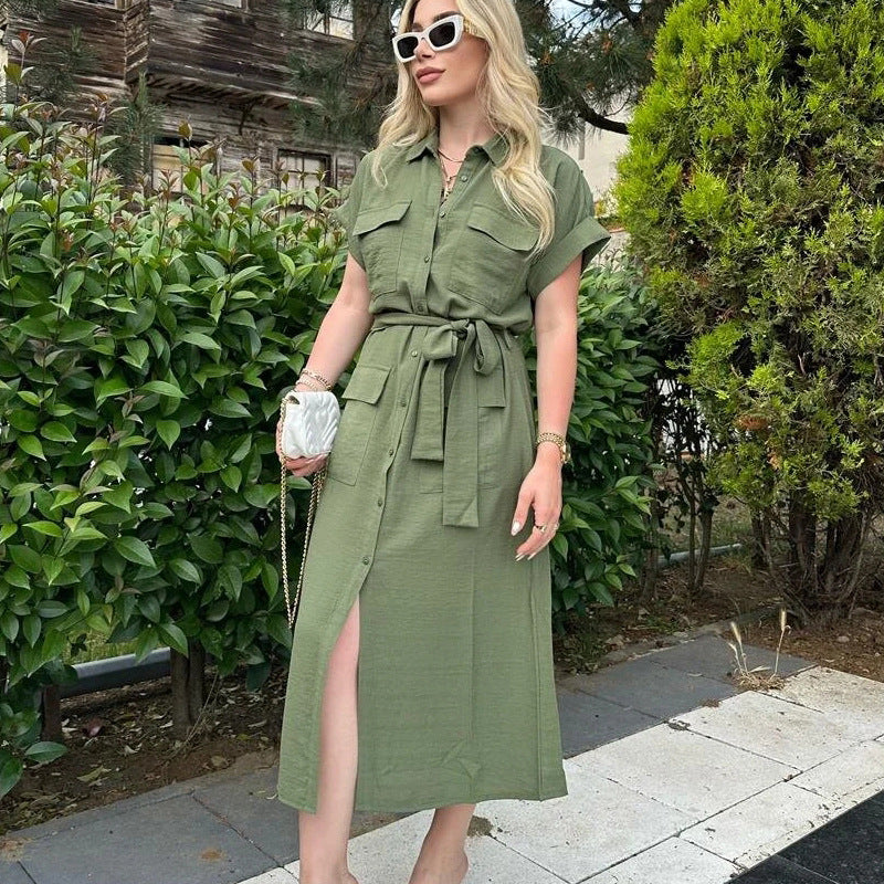Robe chemise midi kaki à ceinture nouée