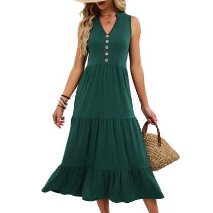 Spring Summer New Solid-Colored V-Neck Buttoned Sleeveless Long Pleated Dress