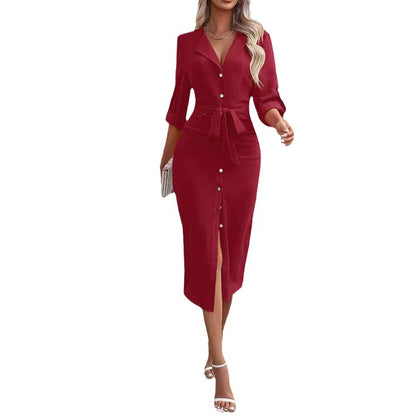 Robe midi rose poudré boutonnée à ceinture nouée