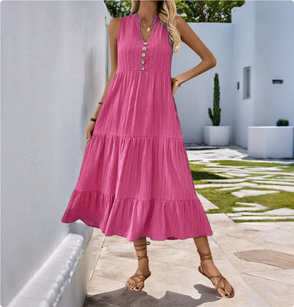 Pleated Solid Color Stand Collar Sleeveless Dress
