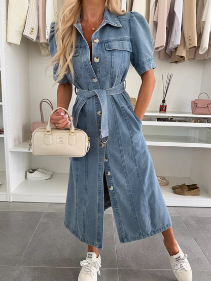 Women's Short-sleeve Denim Midi Skirt
