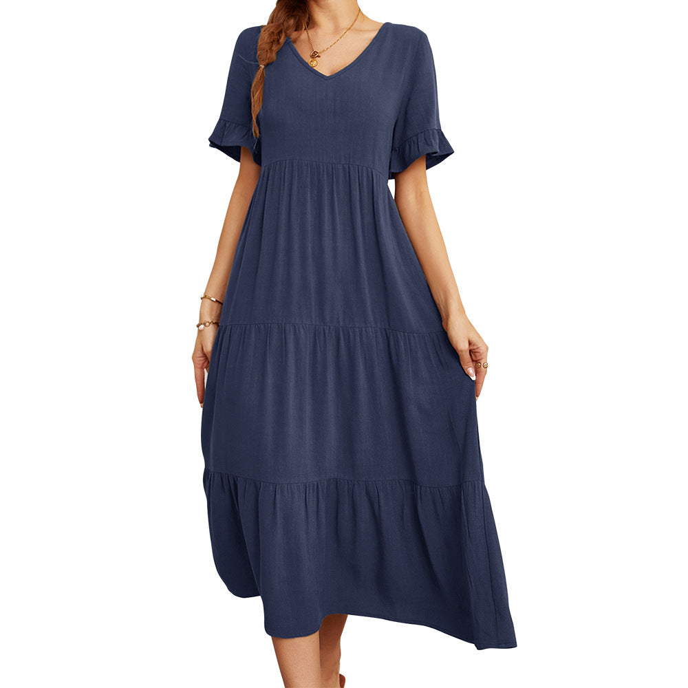 Robe longue jaune à col V et manches volantées