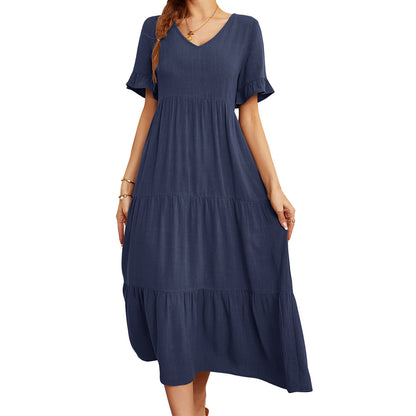 Robe longue jaune à col V et manches volantées