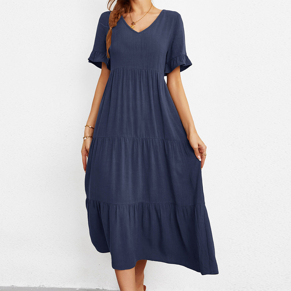 Robe longue jaune à col V et manches volantées