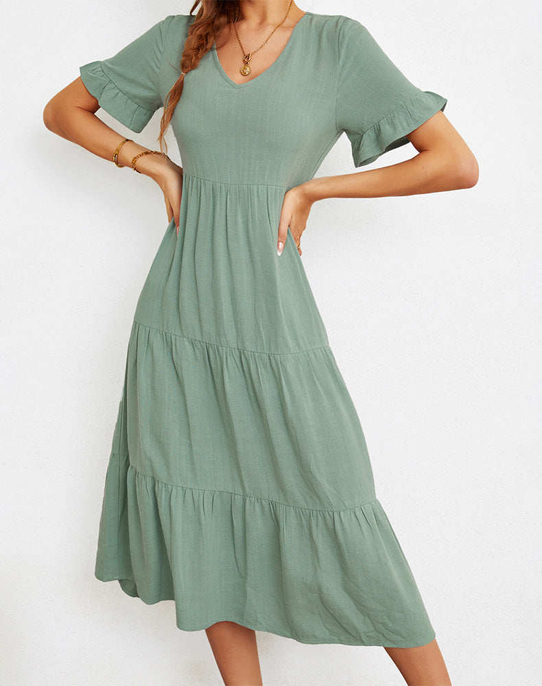 Robe longue jaune à col V et manches volantées