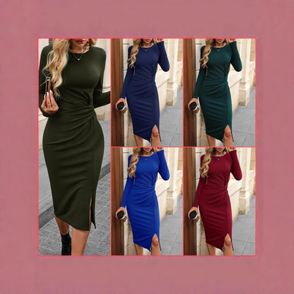 Robe midi bleue drapée à manches longues