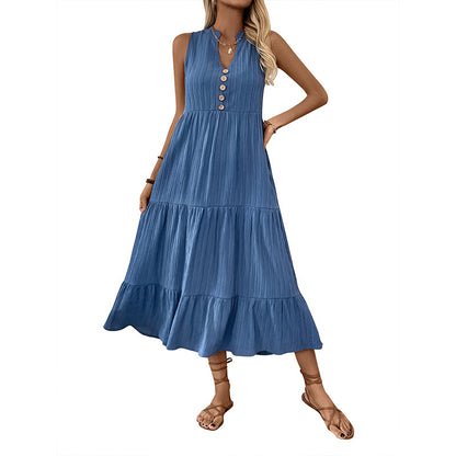 Pleated Solid Color Stand Collar Sleeveless Dress