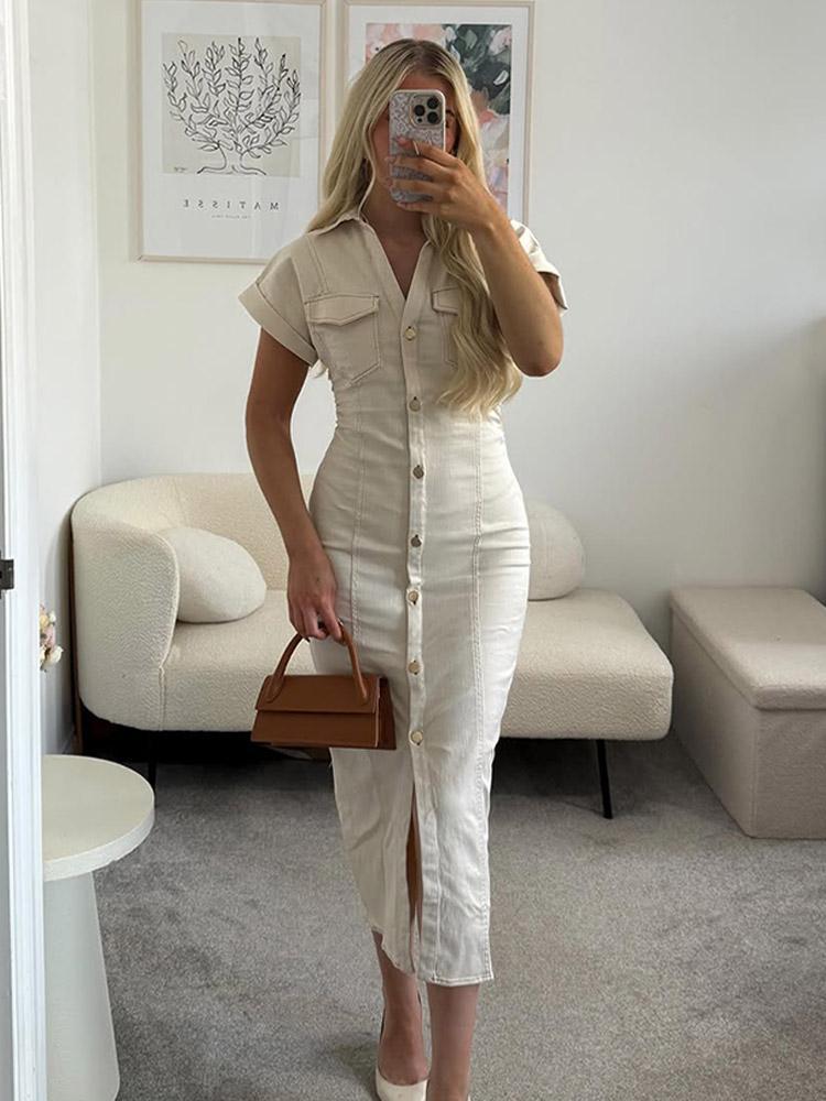 Robe longue écrue boutonnée à col chemise