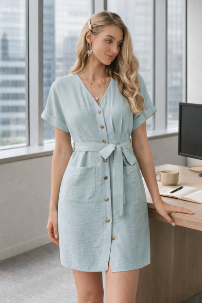 Robe courte boutonnée à ceinture nouée
