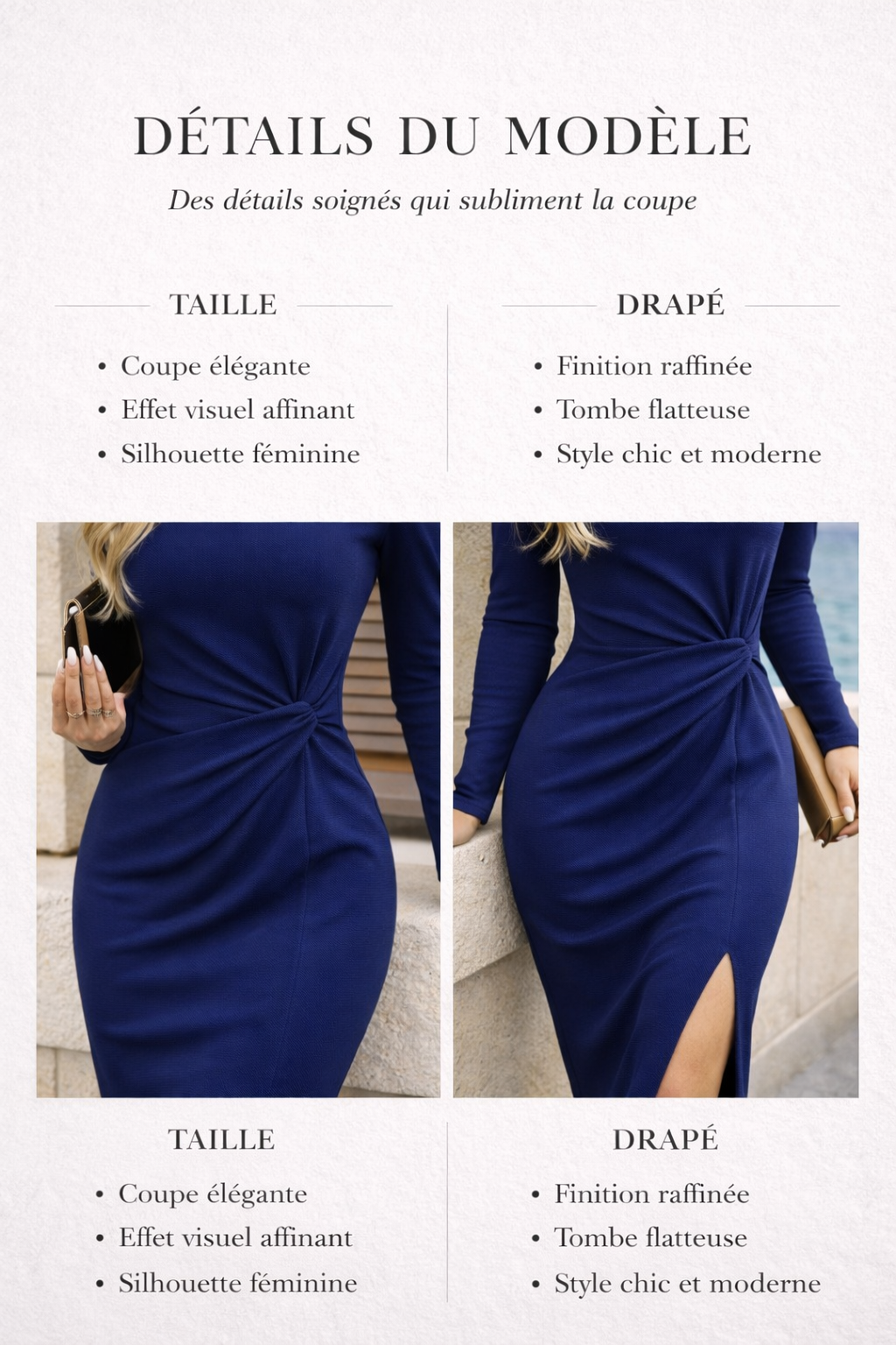 Robe midi bleue drapée à manches longues