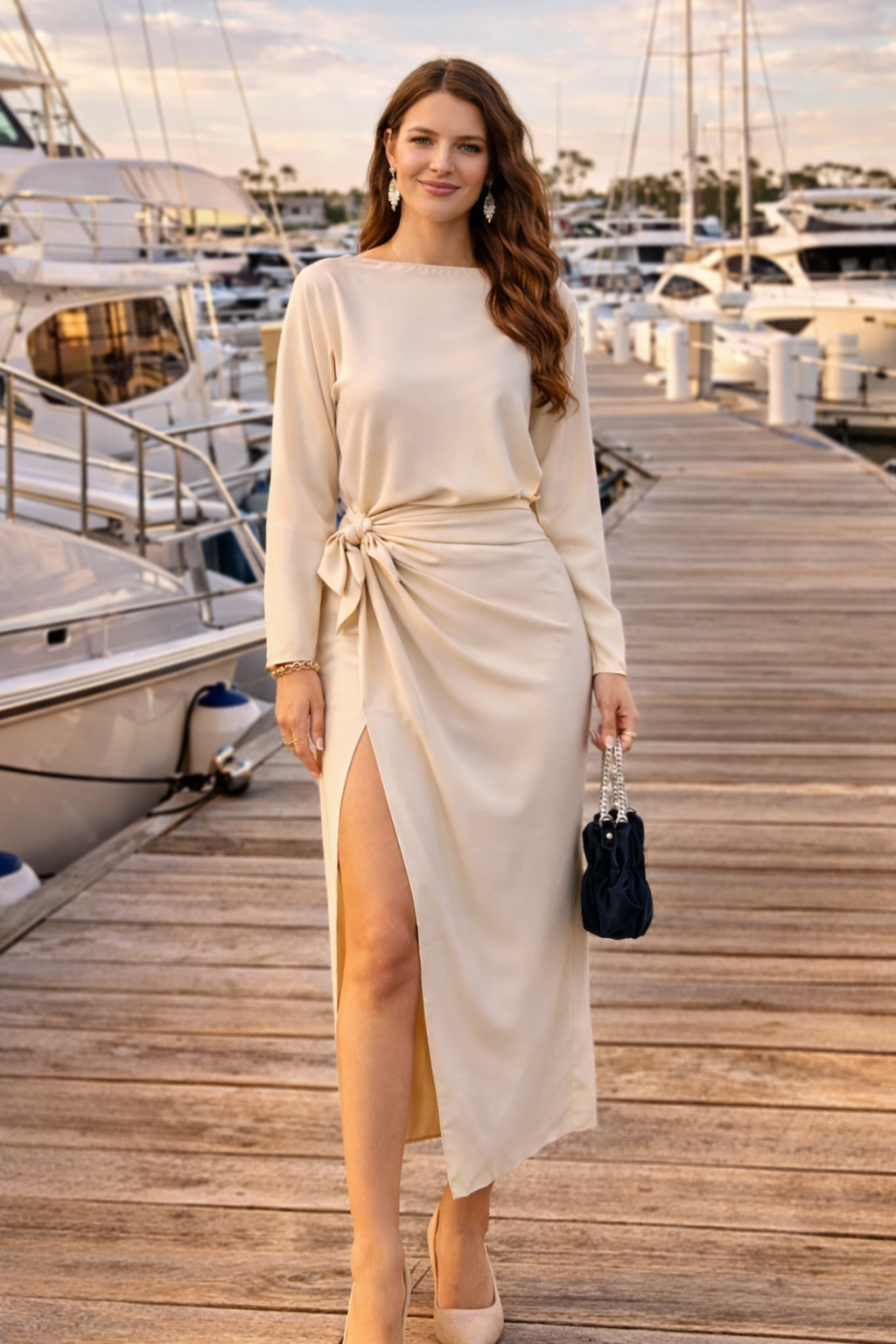 Robe Beige Drapée à Fente