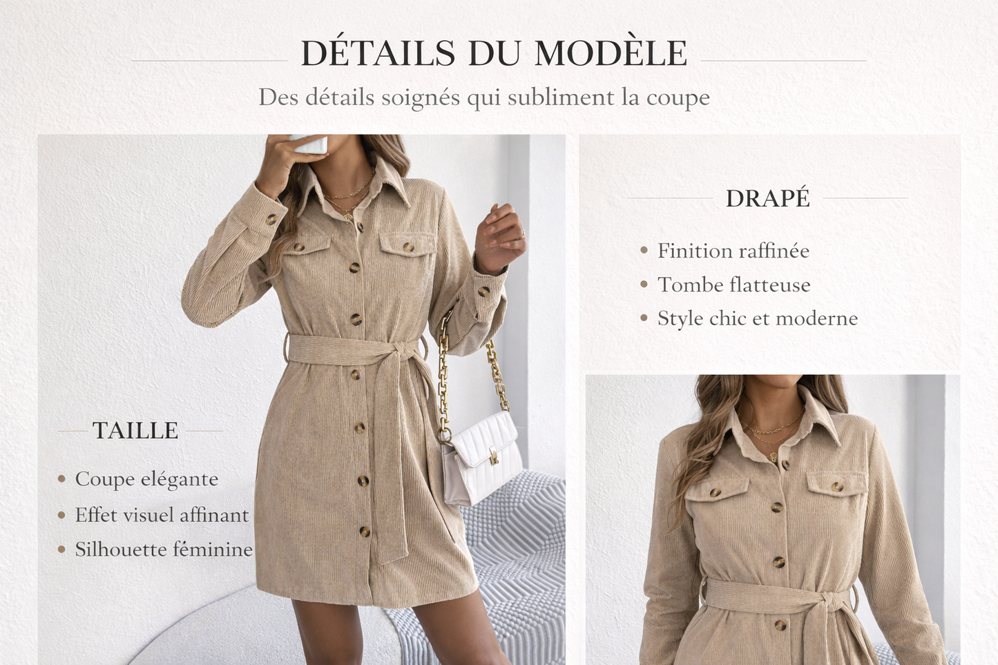 Robe chemise courte beige en velours côtelé