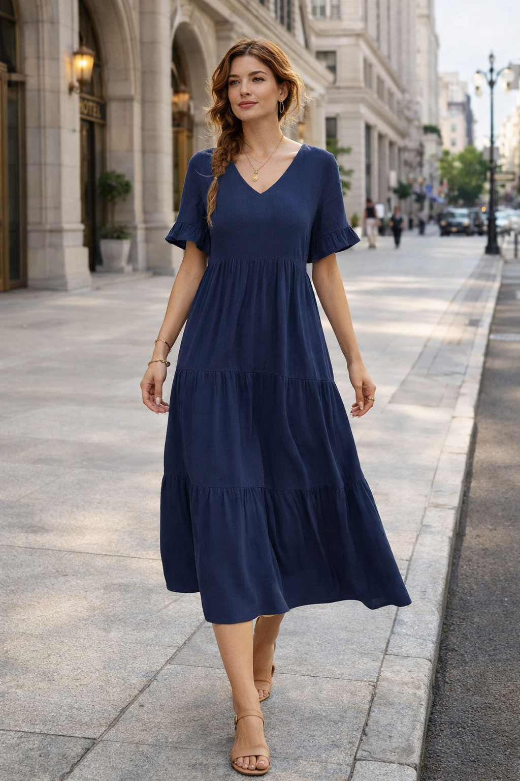 Robe longue jaune à col V et manches volantées