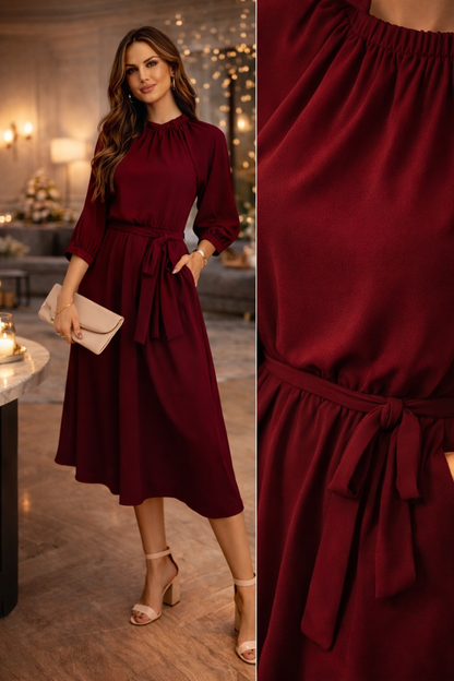 Robe Bordeaux Fluide Ceinturée