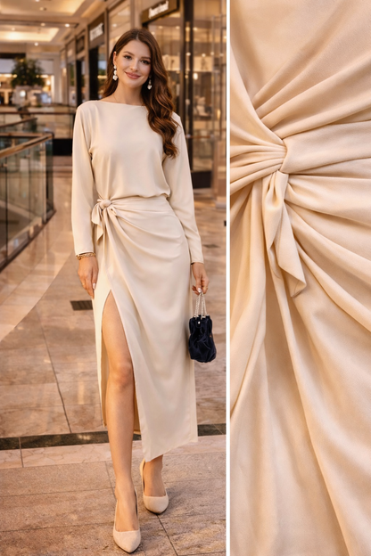 Robe Beige Drapée à Fente