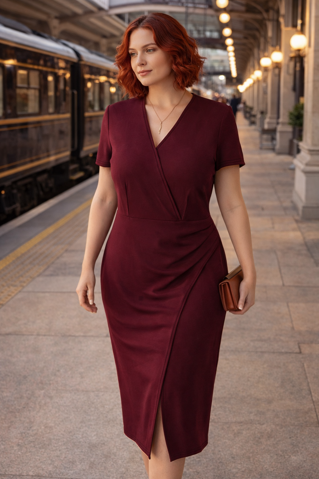 Robe midi violette drapée à col croisé