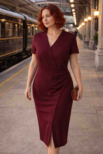 Robe midi violette drapée à col croisé