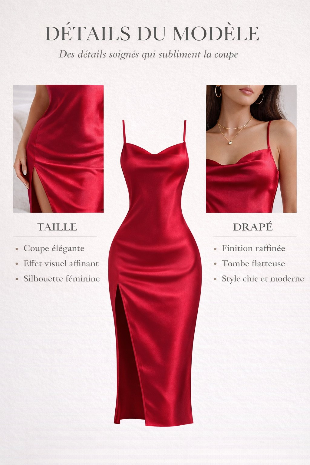 Robe midi satinée rouge sexy à fines bretelles
