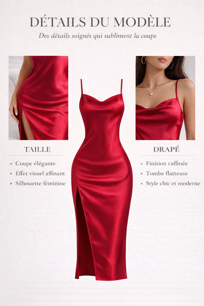 Robe midi satinée rouge sexy à fines bretelles