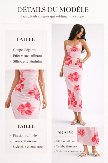 Robe longue fleurie rose à fines bretelles