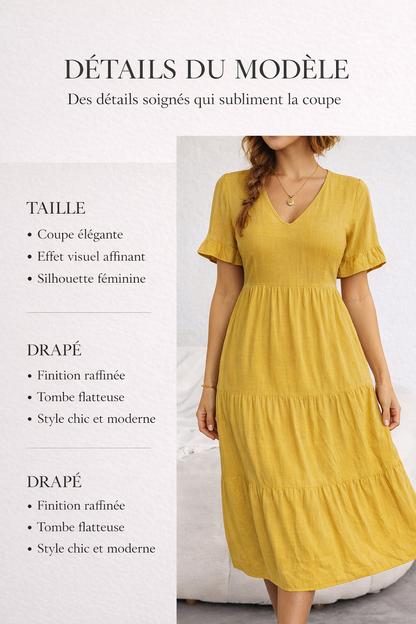 Robe longue jaune à col V et manches volantées