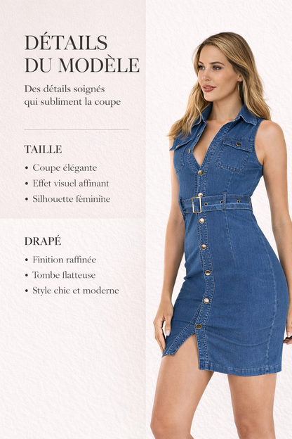 Robe en denim bleu ceinturée sans manches