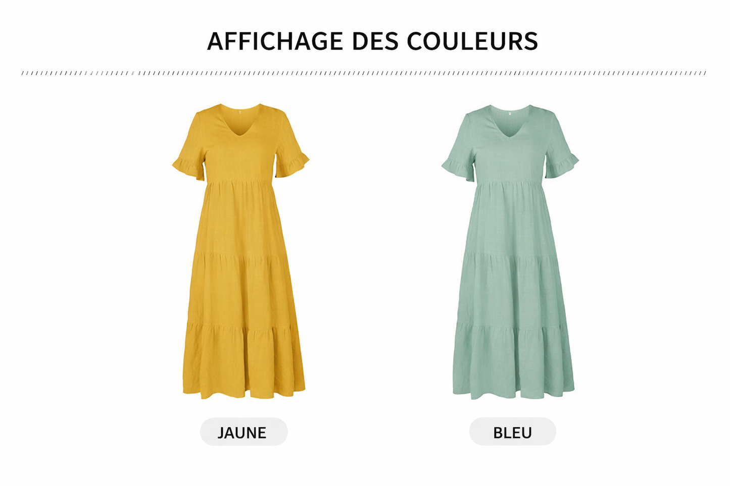 Robe longue jaune à col V et manches volantées
